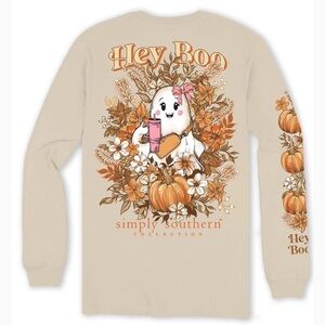 Simply southern HEY BOO Ghost fall Halloween graphic LONG SLEEVE T-SHIRT sz S